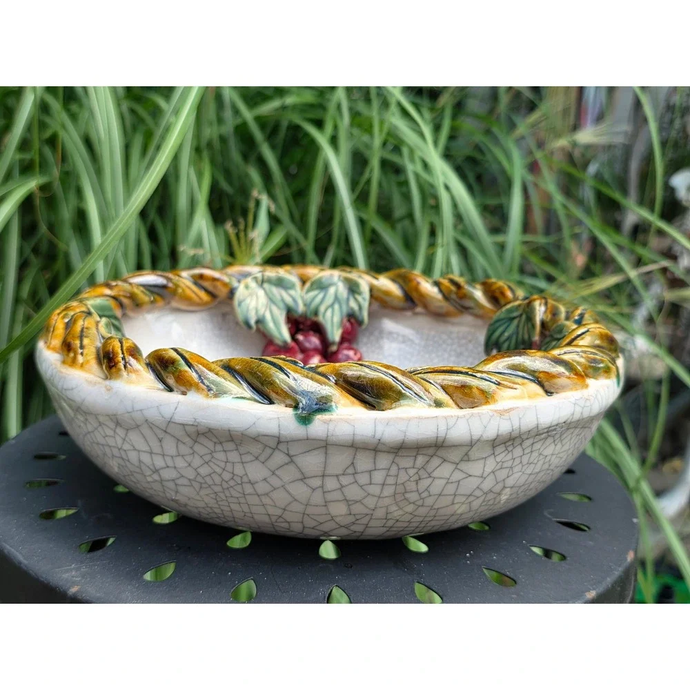 Vintage Handmade Ceramic Crackle Glaze Grape Bowl 3D Raised Fruit Rope RimDecor
